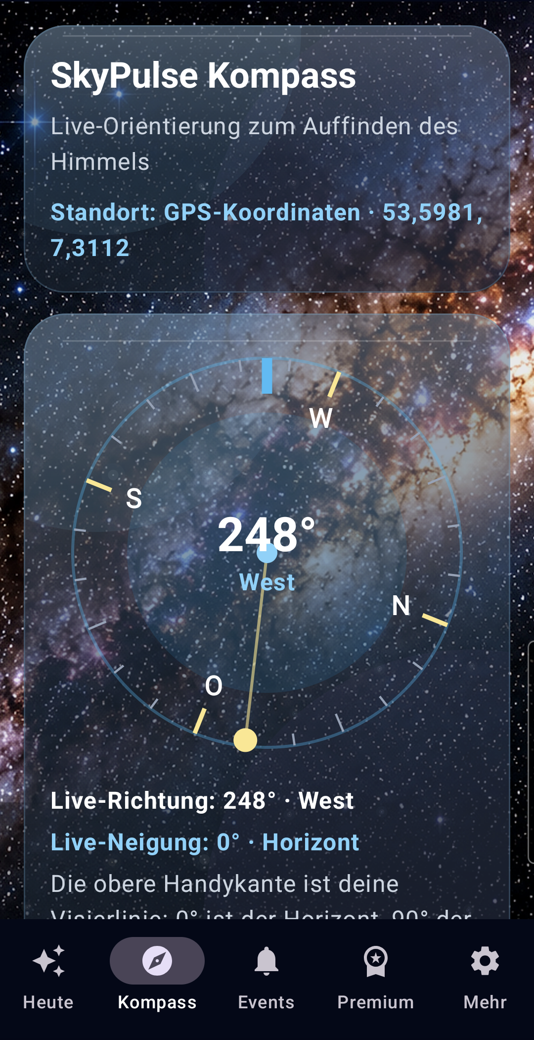 Live-Navigation in SkyPulse mit Richtung und Neigung