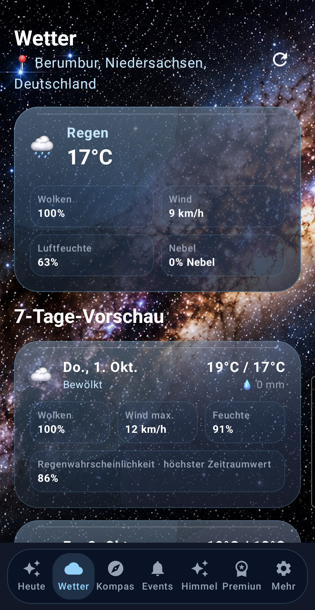 Echte SkyPulse-Wetteransicht mit 7-Tage-Vorhersage und Regenwahrscheinlichkeit